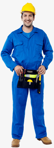 A man in a blue work suit skillfully wielding a tool, showcasing his expertise in engineering.