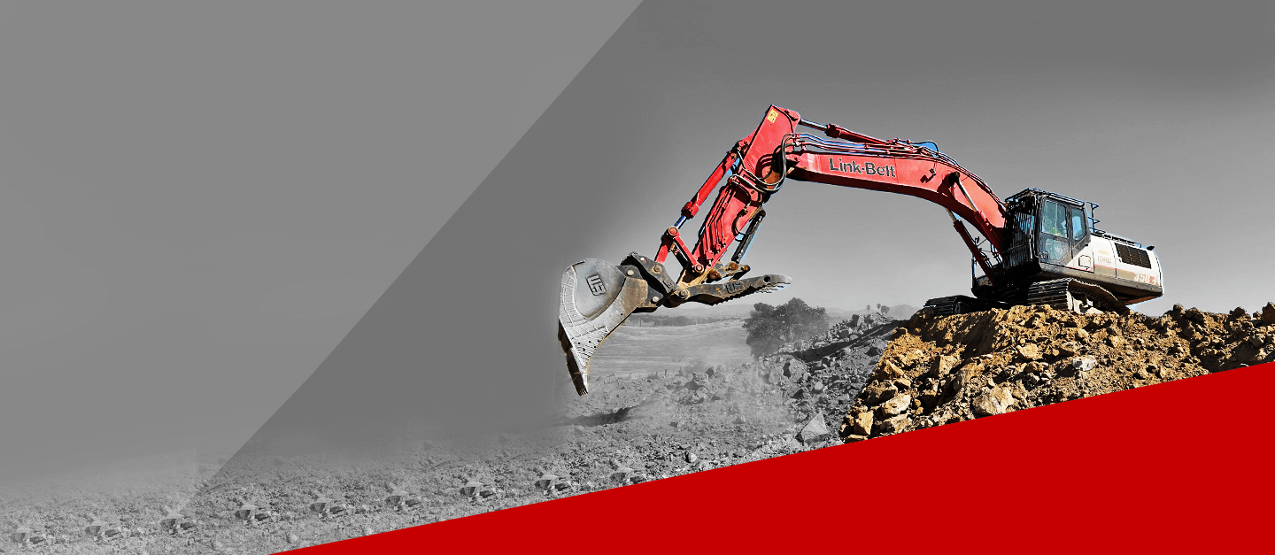 An image of an excavator on a red background showcasing the exceptional Demolition Services available on our Service Page.
