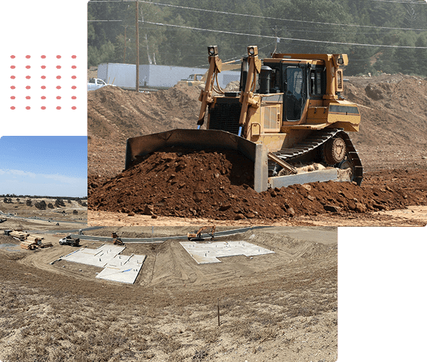 A bulldozer in a dirt field performing land grading for construction purposes.