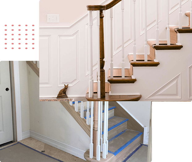 A picture of a stairway with a railing and a cat, showcasing the expertise of interior demolition contractors.