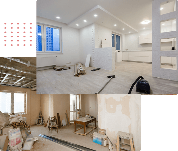 A series of photos documenting the remodeling of a kitchen by residential demolition contractors.