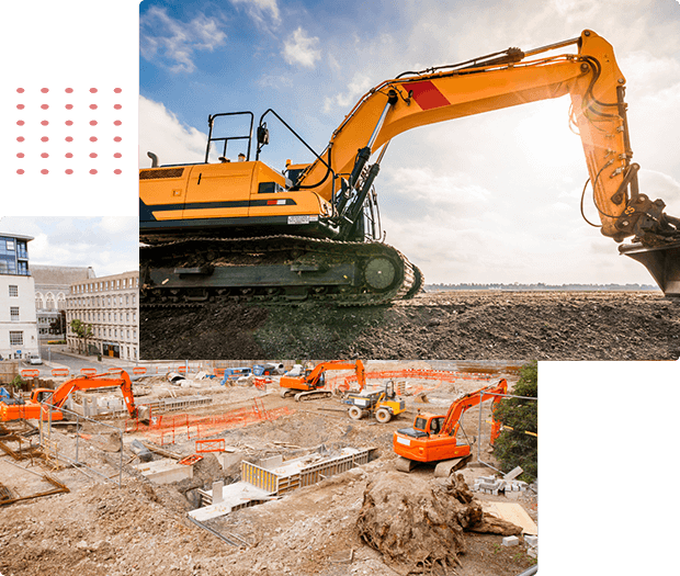 A collage of pictures showcasing various excavation contractors in action at a construction site.