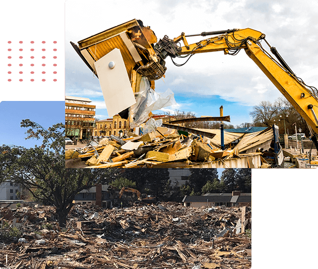A picture of demolition contractors using an excavator and bulldozer.