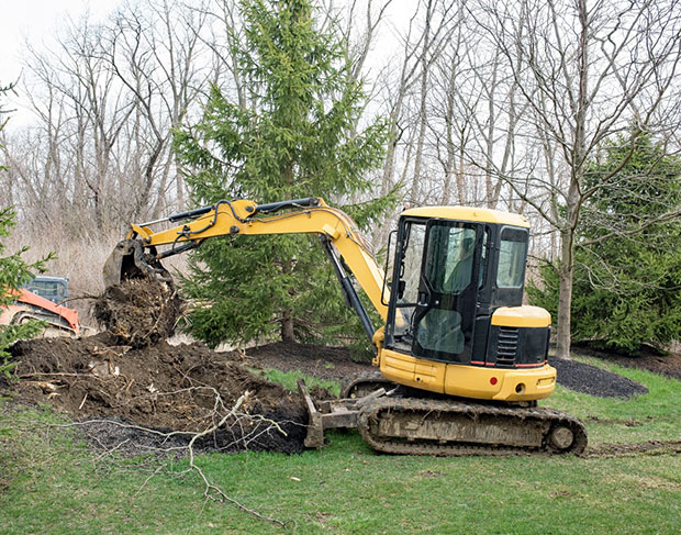 A yellow excavator providing tree removal services by digging a hole in a yard.