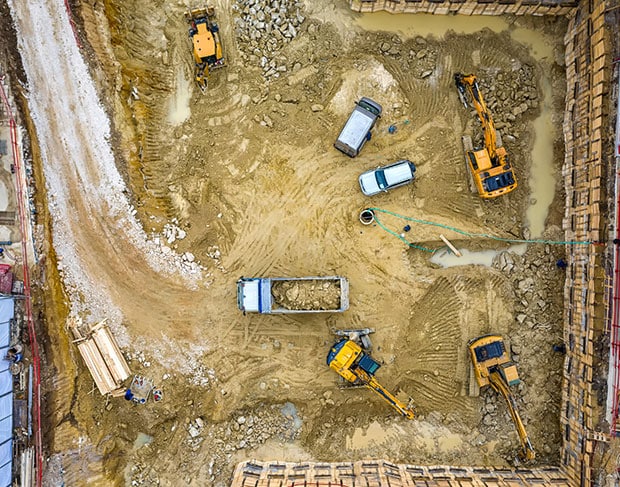 With an aerial view, observe the progress and scale of a construction site.