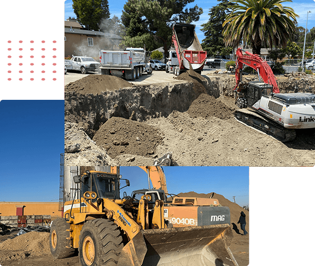 Two pictures of a construction site with a bulldozer and a building demolition contractors.