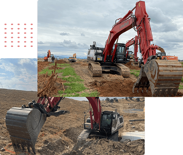 Four pictures of excavators engaged in landscape clearing in a dirt field.