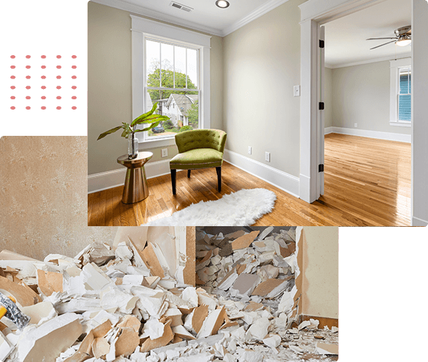 A collage of photos showing a room with a lot of debris created by interior demolition contractors.