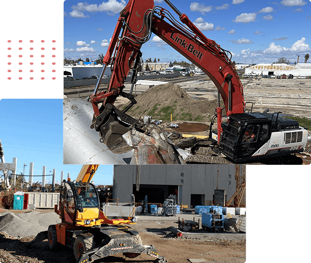 A picture of a construction site featuring a red excavator and a red bulldozer demolishing buildings.